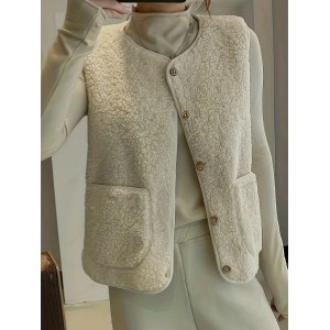 Solid Button Front Vest, Casual Sleeveless Vest With Pockets, Women's Clothing