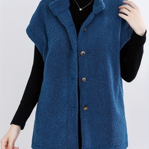 Button Front Teddy Vest, Casual Short Sleeve Solid Versatile Vest, Women's Clothing