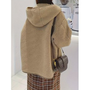 Solid Hooded Teddy Coat, Casual Button Front Long Sleeve Winter Outerwear, Women's Clothing