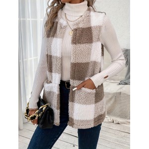 Plaid Pattern Teddy Vest, Casual Open Front Sleeveless Vest, Women's Clothing
