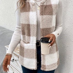 Plaid Pattern Teddy Vest, Casual Open Front Sleeveless Vest, Women's Clothing
