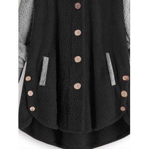 Color Block Hooded Coat, Dual Pockets Button Long Sleeve Coat, Casual Outerwear For Fall & Winter, Women's Clothing