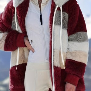 Fuzzy Color Block Coat, Casual Hooded Zip Up Drawstring Long Sleeve Outerwear, Women's Clothing