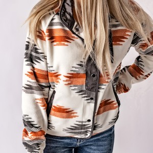 Aztec Print Button Front Jacket, Boho Long Sleeve Outerwear, Women's Clothing