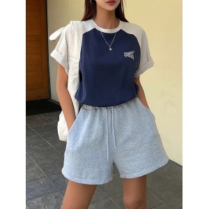 Letter Print Colorblock Crew Neck T-Shirt, Casual Raglan Sleeve Top For Spring & Summer, Women's Clothing
