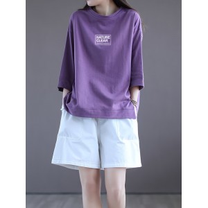 Letter Print Simple T-shirt, Casual Drop Shoulder 3/4 Sleeve Crew Neck T-shirt, Women's Clothing