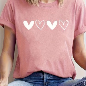 Heart Print Crew Neck T-Shirt, Cute Short Sleeve T-Shirt For Spring & Summer, Women's Clothing