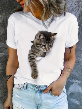 Cute Cat Print T-Shirt, Crew Neck Short Sleeve T-Shirt, Casual Every Day Tops, Women's Clothing