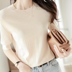 Half Sleeve Knit Swearter, Casual Crew Neck Solid Sweater For Spring & Summer, Women's Clothing