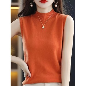 Solid Mock Neck Knitted Top, Elegant Sleeveless Versatile Top, Women's Clothing