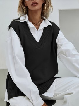 Solid V Neck Knitted Vest, Casual Sleeveless Dipped Hem Split Sweater, Women's Clothing