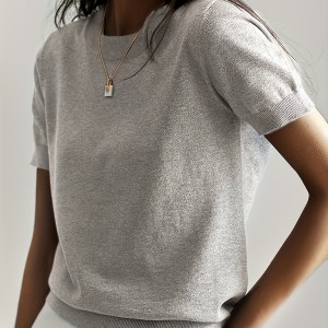 Solid Crew Neck Sweater, Casual Short Sleeve Sweater For Spring & Summer, Women's Clothing