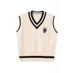 Badge Pattern V Neck Knitted Vest, Casual Sleeveless Preppy Style Sweater, Women's Clothing