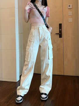 Plain Flap Pockets Cargo Pants, Non-Stretch Loose Fit High Waist Y2K & Kpop Style Straight Jeans, Women's Denim Jeans & Clothing