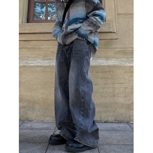 Plain Wide Legs Straight Jeans, Loose Fit Slash Pockets High-Stretch Denim Pants, Women's Denim Jeans & Clothing