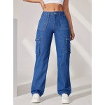 Blue Flap Pockets Cargo Pants, Loose Fit High Waist Y2K & Kpop Style Straight Jeans, Women's Denim Jeans & Clothing