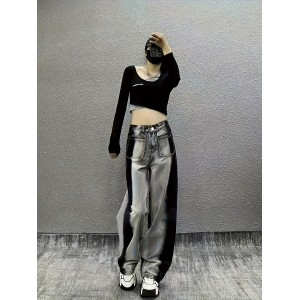 Contrast Color Casual Baggy Jeans, Loose Fit Non-Stretch Washed Wide Legs Jeans, Women's Denim Jeans & Clothing