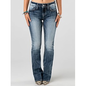 Wing Embroidery Stylist Bootcut Jeans, Mid-stretch Vintage Washed Fit Denim Pants, Women's Denim Jeans & Clothing