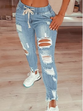 Plain Ripped Holes Skinny Jeans, Slim Fit Frayed Hem Drawstring Elastic Waist Denim Pants, Women's Denim Jeans & Clothing